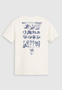 White cotton t-shirt with navy blue fruit and vegetable illustrations on the back, featuring text "ALL FRESH PRODUCE" and "thank you."