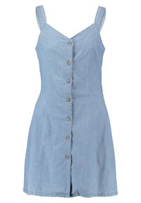 Ljusblå denimklänning med en(figur-)anpassad överdel, justerbara axelremmar och knäppning fram. Har en utsvängd kjol och en subtil textur.