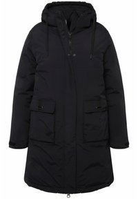 Parka acolchada negra con capucha, que cuenta con un cierre frontal, dos grandes bolsillos de parche y cordones ajustables en la capucha y la cintura.