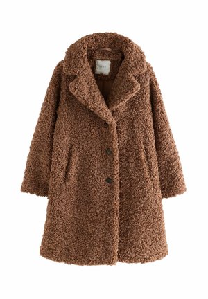 Manteau brun en peluche fabriqué dans un matériau texturé. Doté d'un col à revers, de boutons et de poches latérales pour plus de fonctionnalité. Design décontracté.