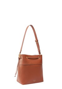 Borsa a secchiello in pelle marrone con finitura texturizzata, tracolla regolabile, chiusura con coulisse e dettagli in metallo dorato.