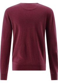 Burgunderfarbener langärmeliger Pullover aus weichem Stoff, mit Rundhalsausschnitt, gerippten Bündchen und glatter Textur sowie einem einfachen Design.