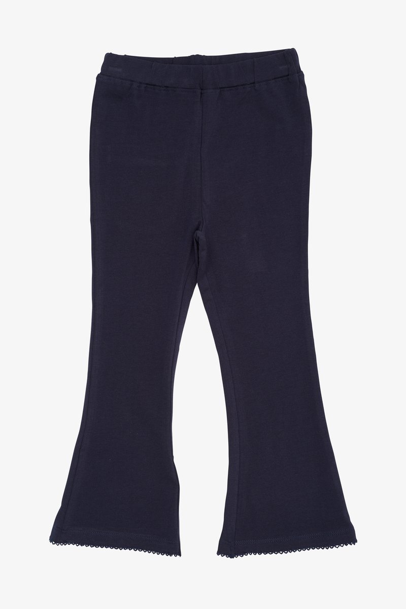 Dunkelblaue, ausgestellte Hosen mit weicher Textur, elastischem Bund und gewelltem Saum-Detail am unteren Ende.