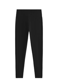 Zwarte leggings gemaakt van een rekbare stof. Heeft een brede, geribbelde tailleband en een aansluitende pasvorm die naar de enkels toeloopt.