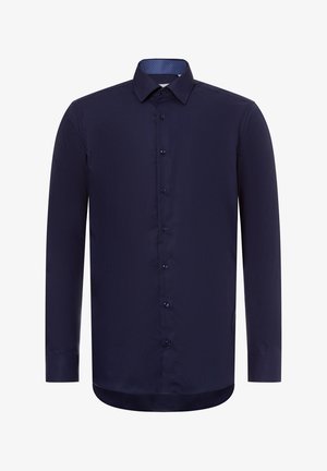 Marineblaue Langarmbluse mit Knopfleiste, ausgestattet mit einem strukturierten Kragen innen und glattem Stoff. Taillierte Passform mit abgerundetem Saum.