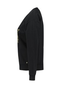 Czarny bawełniany sweatshirt z okrągłym dekoltem i długimi rękawami. Złoty nadruk na przodzie. Żebrowane mankiety i dół.