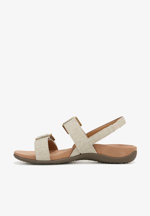 Beige sandaal met verstelbare band, voorzien van een gevoerde binnenzool en een stevige rubberen profielzool, ontworpen voor casual gebruik en comfort.