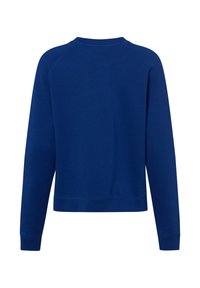 Felpa blu navy con maniche lunghe a raglan, scollo rotondo e polsini e orlo a costine; texture liscia, design minimal, senza grafiche o motivi.