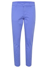 Pantalon en coton violet à coupe slim, avec une ceinture, des poches avant et une texture lisse. Sans motifs ni éléments visibles.