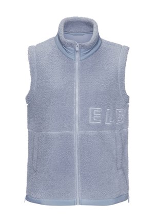 Light blue fleece sleeveless vest with high collar, front zipper, side pockets, and embroidered "ELB" on the chest.