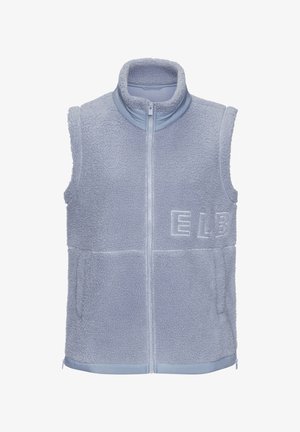 Hellblaues Fleece-Weste ohne Ärmel mit hohem Kragen, vorderem Reißverschluss, Seitentaschen und gesticktem "ELB" auf der Brust.