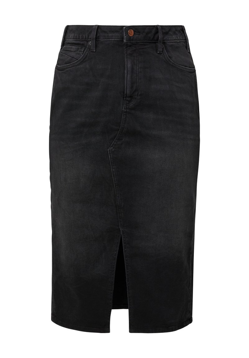 Zwarte spijkerrok met een rechte snit, tot op de knie, met een split aan de voorkant en een vijf-pocket ontwerp, geaccentueerd door een bruine knop op de taille.