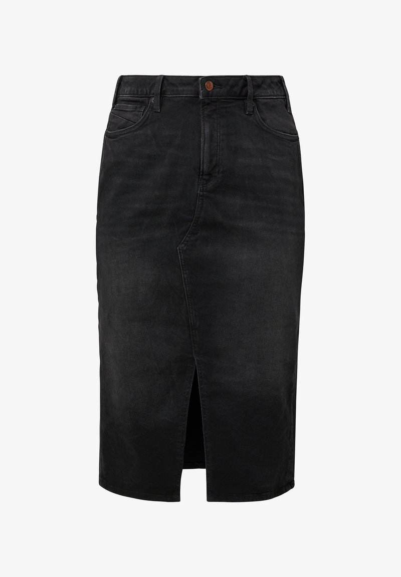 Jupe en denim noir à coupe droite, longueur genou, avec une fente sur le devant et un design à cinq poches, embellie par un bouton marron à la taille.