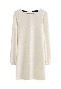 Biała sukienka z długim rękawem o teksturowanej powierzchni, z okrągłym dekoltem i marszczonymi rękawami. Czarny akcent z tyłu dekoltu.