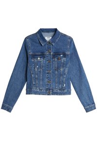Džínová bunda v tmavě modré barvě, s límcem, dvěma náprsními kapsami a stříbrnými knoflíky. Design je zkrácený s mírně opotřebovanou texturou.