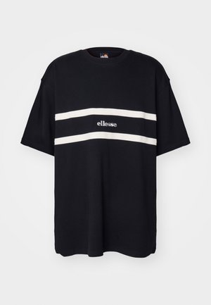 Black cotton t-shirt featuring two horizontal white stripes and a small "ellesse" logo in the center. Short sleeves and a relaxed fit.