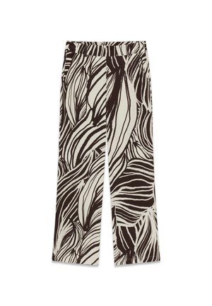 Pantalones de pierna ancha con cintura alta, con un patrón abstracto de hojas en blanco y negro sobre un fondo claro.