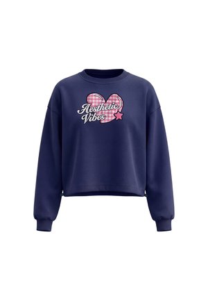 Marineblå sweatshirt med lange ærmer med lyserødt gingham-hjerte, stjerne og hvid tekst "Aesthetic Vibes" foran.