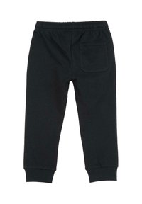 Pantalon de survêtement noir avec une taille élastique, des poignets côtelés et une seule poche arrière. Fabriqué en coton doux, avec une texture lisse.