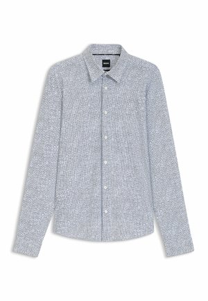 Langärmliges Hemd mit Knopfleiste in Weiß und Marineblau mit einem geometrischen Muster. Verfügt über einen klassischen Kragen und eine Knopfleiste an der Vorderseite.