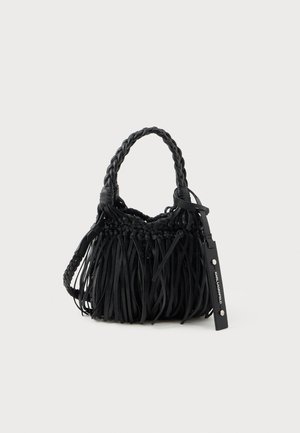 Black leather handbag with fringe detailing, braided handle, and a tag featuring the brand name. Compact, soft texture, and structured shape.