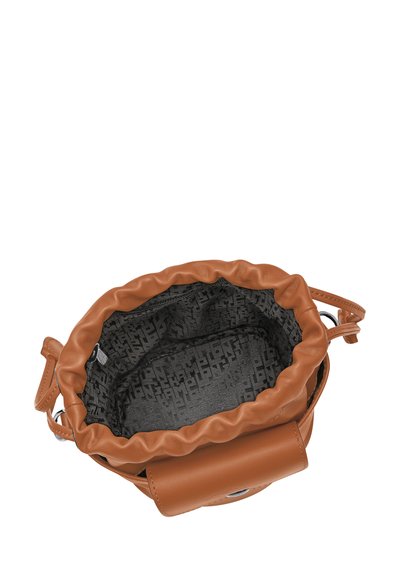 Brown leather bucket bag with a gathered top, showing a patterned black interior. Features adjustable shoulder strap and silver hardware accents.