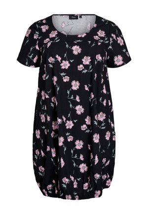 Čierne šaty s krátkymi rukávmi, ktoré majú kvetinový vzor v ružovej a zelenej farbe. Okrúhly výstrih a elastický riasený lem na spodnej strane.