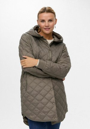 Veste légère matelassée en olive atténué, dotée d'une capuche, de boutons-pression et de poches latérales, avec des poignets et un ourlet côtelés.