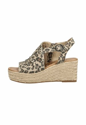 Kile sandal med overdel i leopardprint stof, åben tå, ankelrem med spænde og flettet jutesål med plateau.