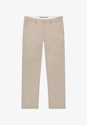 Beige cotton chinos with a straight leg design, featuring front pockets and a single button closure. Smooth texture and stitched detailing.