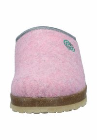 Pink felt slipper with a grey trim, rounded toe, and a textured brown sole. Features a green spiral logo on the side.
