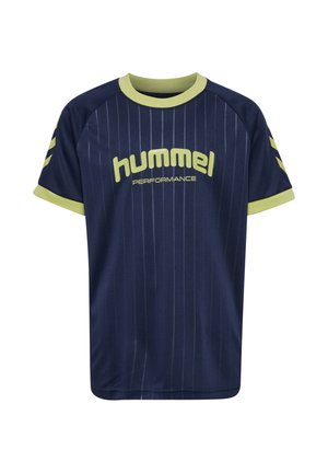 Marine performance T-shirt med lodrette striber, korte ærmer og limegrøn rund hals. Har "hummel" logoet fremtrædende på forsiden.