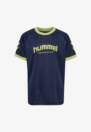 Marine performance T-shirt med lodrette striber, korte ærmer og limegrøn rund hals. Har "hummel" logoet fremtrædende på forsiden.