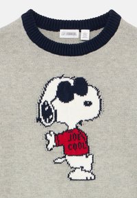 Grijze gebreide trui met een geborduurd Snoopy-figuurtje dat zwarte zonnebrillen draagt en een rood shirt met "JOEY COOL" erop. Marineblauwe geribbelde halslijn.