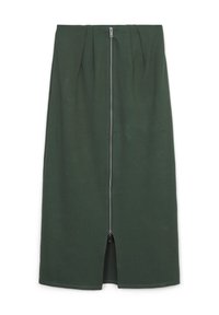 Gonna midi verde realizzata in tessuto liscio, con chiusura frontale a zip e uno spacco all'orlo. Include dettagli plissettati in vita.