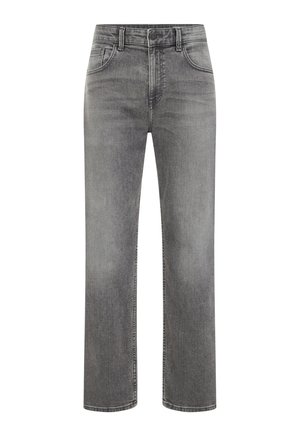 Blugi gri cu croială dreptă, talie înaltă, închidere cu nasture și fermoar, buzunare față și spate, și detalii subtile decolorate.