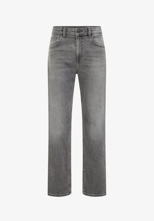 Hallid sirge säärega teksad kõrge vöökohaga, nööp- ja tõmblukuga, esikülje ja tagakülje taskutega ning peene kulumisega detailidega.