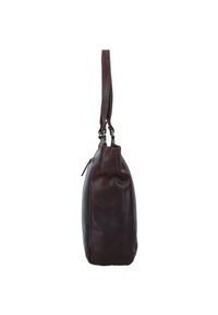 Sac en cuir marron de forme arrondie, fermeture éclair, et une seule bandoulière. La surface est lisse avec une texture subtile et un minimum de matériel.