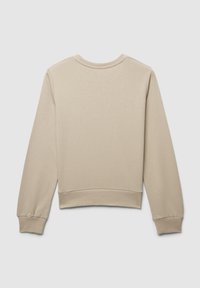 Sweat-shirt beige à manches longues, col et poignets côtelés. Texture lisse et design simple, avec un ourlet droit.