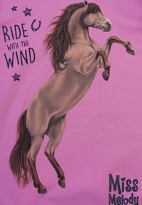 Design grafico che presenta un cavallo marrone in sella su uno sfondo rosa, con lettere testurizzate che recitano "CAVALCA CON IL VENTO" e "Miss Melody."