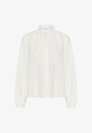 Biela blúzka s dlhým rukávom, zdobená mandarin golierom, textúrovanou látkou a zberanými manžetami, prezentovaná v voľnom strihu.