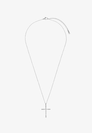 Collier en argent avec une chaîne fine et un pendentif en forme de croix plate, présentant de subtils embellissements le long des bras de la croix.