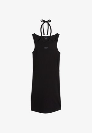 Fekete ujjatlan ruha bordázott anyagból, megkötős nyakkal és diszkrét logóval az elején. Egyszerű és testhezálló kialakítás.