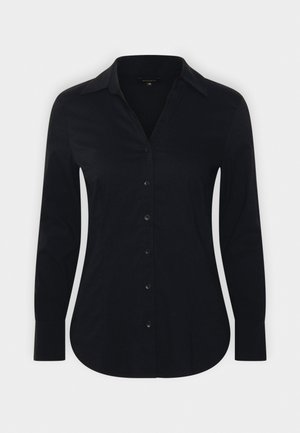 Black long-sleeve button-up shirt with a collar, made of smooth fabric. Features a v-neckline and seven buttons down the front.