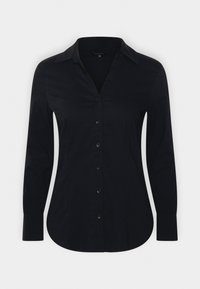 Chemise noire à manches longues, ajustée, boutonnée avec col et ourlet arrondi, présentée sur un fond clair uni.