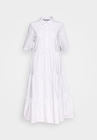 Abito bianco di cotone con collo a camicia, bottoni sulla parte anteriore, maniche corte e gonna a balze. Texture liscia e lunghezza al ginocchio.