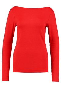 Rotes Langarmoberteil mit einem Bootsausschnitt, aus glattem Stoff gefertigt. Verfügt über ein tailliertes Design und einen nahtlosen Saum für eine saubere Verarbeitung.