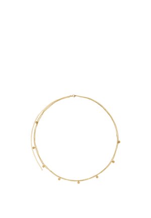 Delikatny złoty naszyjnik z podwójnym łańcuszkiem, z małymi okrągłymi złotymi dyskami równomiernie rozłożonymi na dolnym łańcuszku oraz regulowanym zapięciem.