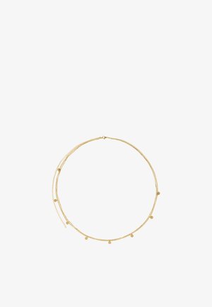 Delicate gouden dubbele ketting met kleine ronde gouden schijfjes gelijkmatig verdeeld over de onderste ketting en een verstelbare sluiting.