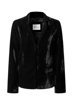 Zwarte fluwelen blazer met inkeping revers, lange mouwen en een voorzijde sluiting, gelabeld "WEST 11 Pepe Jeans London."